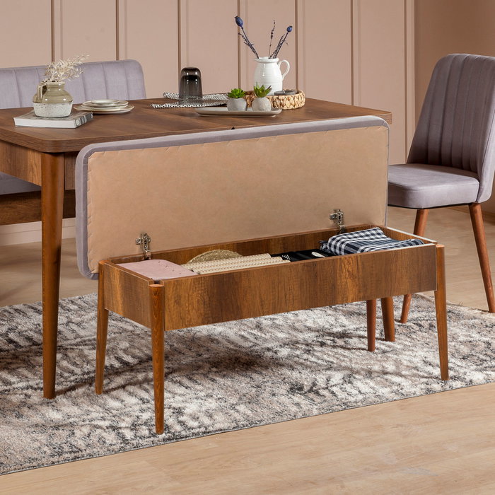 Hanah Home Vina Walnut Soho Grey Juego de Mesa y Sillas Extensible, Tablero Melamina, Terciopelo, Patas Carpe